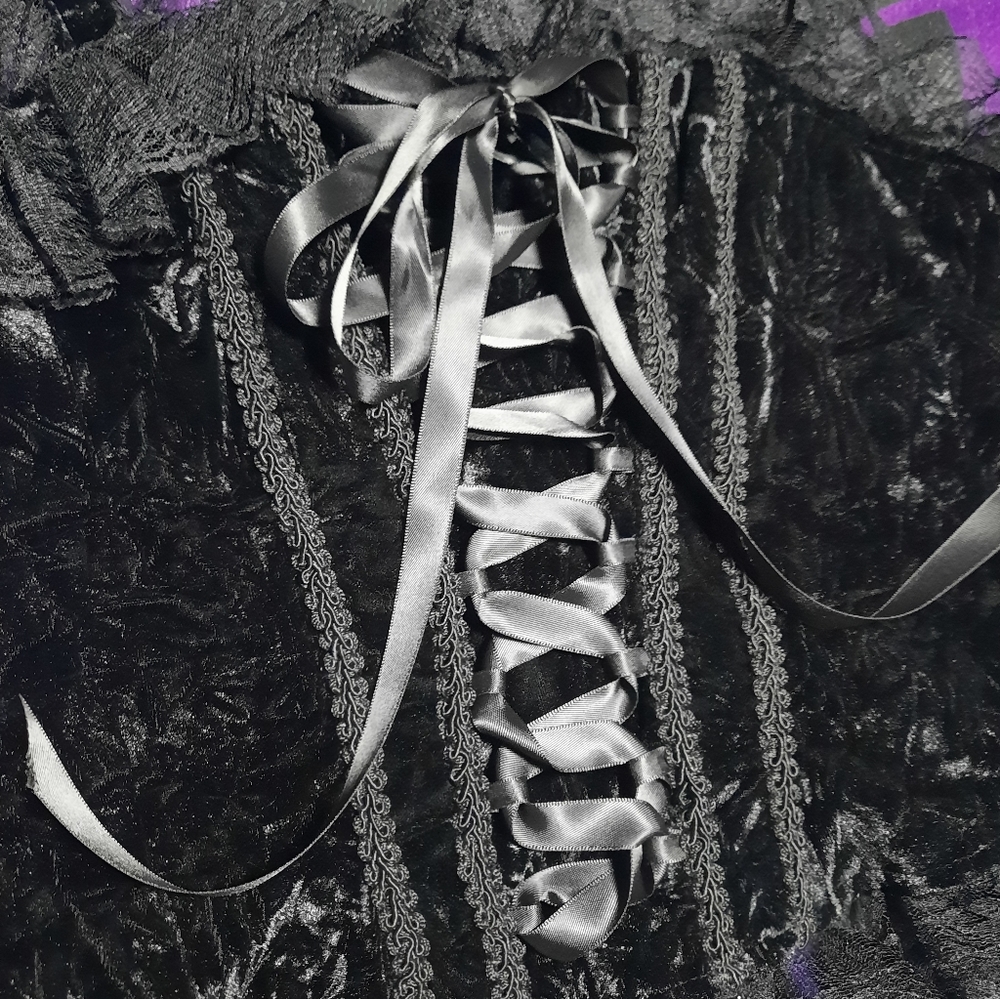 Dolls Kill Black Lace-Up Velvet Corset Top with Purple Accents - Picture 2 of 4
